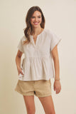 DROP SHOULDER SPLIT NECK STRIPE PEPLUM TOP: CORAL / M