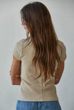 RJ3493 | Knit Ribbed Buttondown Short Sleeve Cardigan Top: Beige / M