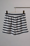 HIGH WAIST ELASTIC WAIST BAND DRAWSTRING STRIPE SHORTS: WHITE-DENIM STRIPE / M