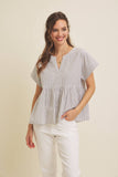 DROP SHOULDER SPLIT NECK STRIPE PEPLUM TOP: CORAL / L