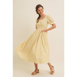 EMBROIDERED GINGHAM MIDI DRESS WITH PUFF SLEEVES: POWDER BLUE / M