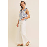ROMANTIC EMBROIDERY BLOUSE TOP WITH BOW STRAPS: DUSTY BLUE / L