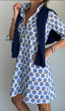 Sconset Block Print 3/4 Sleeve Dress (Blue): Sconset Blue / XS