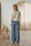Washed Denim Pants with Faux Suede Side Line Detail and Wais: Denim / M