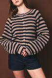 RAGLAN LONG SLEEVE CREW NECK STRIPED SWEATER CARDIGAN: BLUE-LT BLUE STRIPE / M