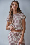 L8945T | Knit Polyester Cotton Striped Short Sleeve Top: Grey Blue / L
