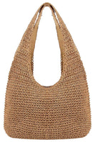 Crochet Woven Rattan Straw Wicker Hobo Bag: Beige