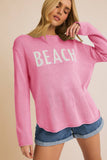 ROUND NECK LONG SLEEVE BEACH LIGHT WEIGHT SWEATER: WHITE-NAVY / M