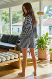 L8797T | Knit Cotton Striped Mock Neck Long Sleeve : Blue White / S