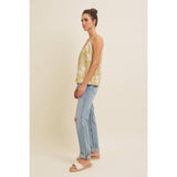 V-NECK FLORAL PRINT LINEN BLEND CAMI TOP: SAGE / S