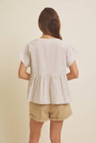 DROP SHOULDER SPLIT NECK STRIPE PEPLUM TOP: CORAL / M