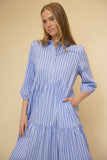 Striped Poplin Collared ¾ Sleeve Tiered Button Up Maxi Dress: Lt. Blue Stripes / XS