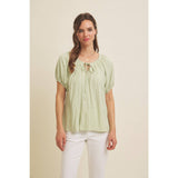 LIGHTWEIGHT STRIPE FLARE PEASANT BLOUSE WITH PUFF SLEEVES: SKY BLUE / M