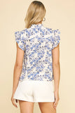 FLORAL RUFFLE DETAILED BLOUSE TOP - 6212T: Blue / L