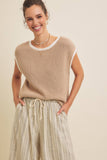 CONTRAST ROLLED EDGE KNITTED SWEATER VEST WITH ROUND NECK: NILE BLUE / L