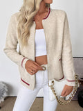 Zip-Front Knit Cardigan with Contrast Trim: Beige / L