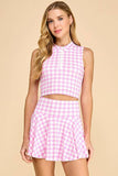 CT9089-Motion Houndstooth Patterned Sleeveless Top: Pink / M