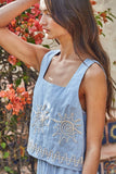 L9640T | Woven Linen Cotton Embroidered Sleeveless Top: Lavender Blue / M