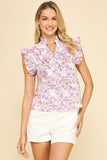 FLORAL RUFFLE DETAILED BLOUSE TOP - 6212T: Blue / L