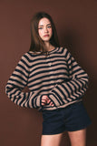 RAGLAN LONG SLEEVE CREW NECK STRIPED SWEATER CARDIGAN: BLUE-LT BLUE STRIPE / L